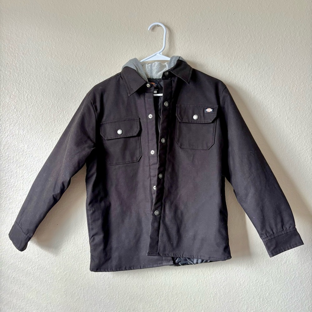 Dickies Black Quilted Kids Hooded Button Down Jacket